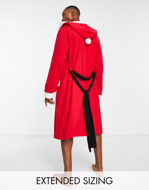 ASOS DESIGN - Kerstmis - Badjas met kerstman-motief en capuchon in rood en wit