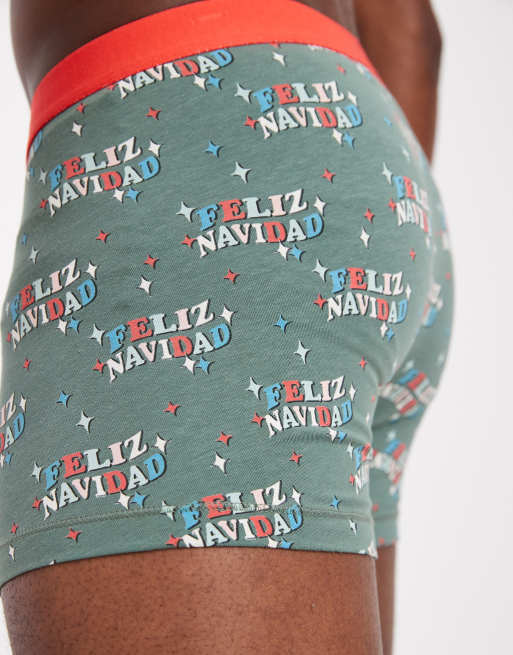 ASOS DESIGN - Kerstmis - Boxershort met Feliz Navidad-print in groen, 3 van 3