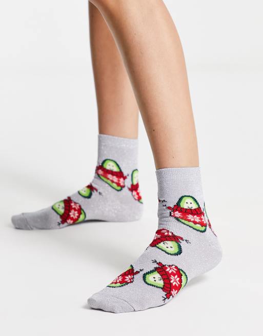 ASOS DESIGN - Kerstmis - Enkelsokken met glitter en avocado-motief in zilver