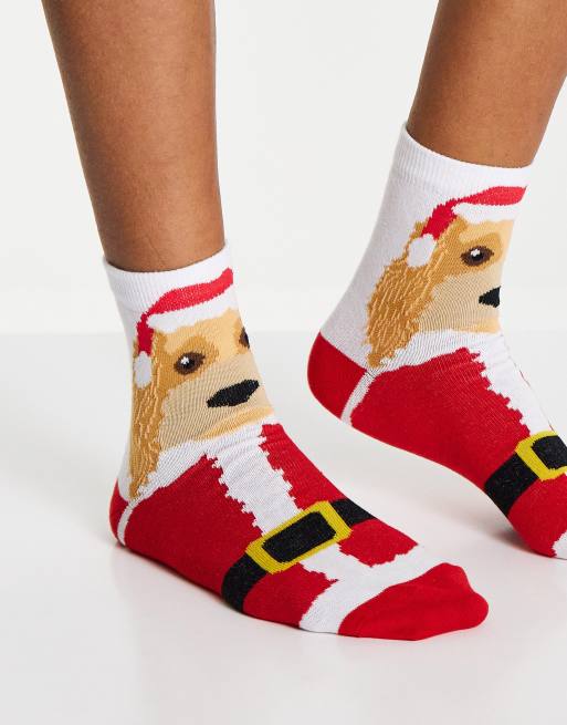 ASOS DESIGN - Kerstmis - Enkelsokken met hond in kerstman outfit in multi