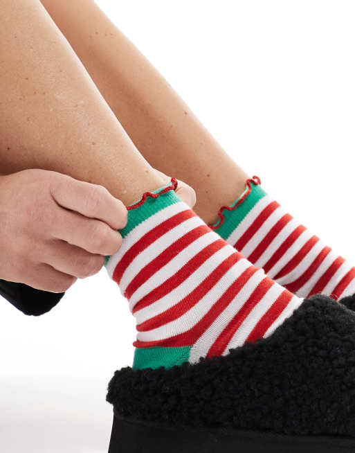 ASOS DESIGN - Kerstmis - Enkelsokken met kerstelf-strepen en metallic ruches langs de rand, 3 van 3