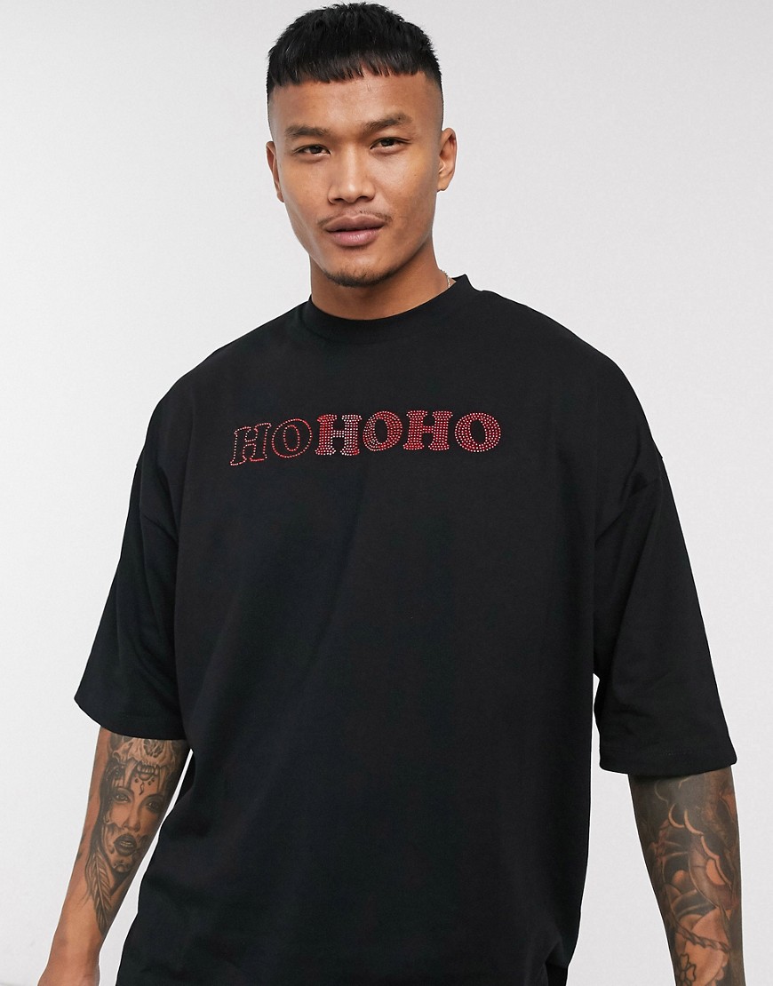 ASOS DESIGN - Kerstmis - Lang oversized T-shirt met ongelijke zoom, hotfix siersteentjes en 'Ho Ho Ho'-print-Zwart
