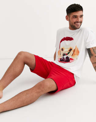 ASOS DESIGN  Weihnachts-Pyjama mit Shorts und T-Shirt mit fotografischem Hundemotiv-Rot Rot
