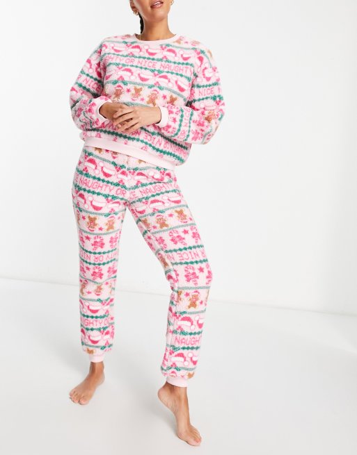 ASOS DESIGN - Kerstmis - Loungeset van borg sweater en joggingbroek met fairisle motief in roze