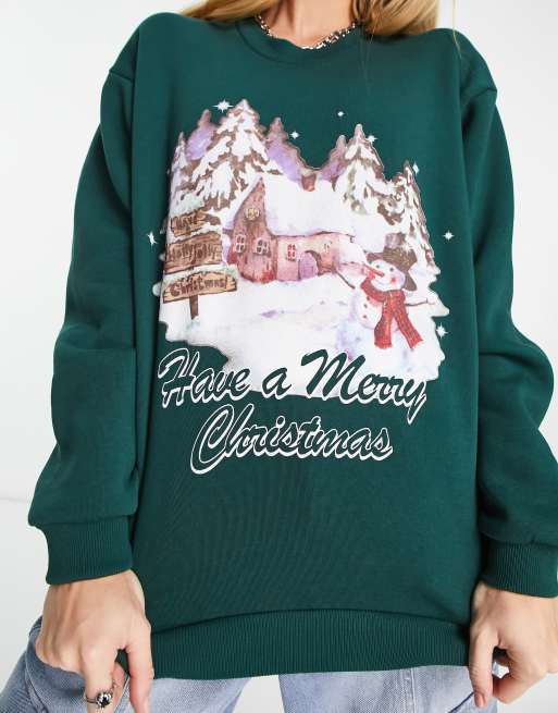 ASOS DESIGN - Kerstmis - Oversized sweatshirt-trui met retro schilderachtige print in bosgroen, 3 van 4