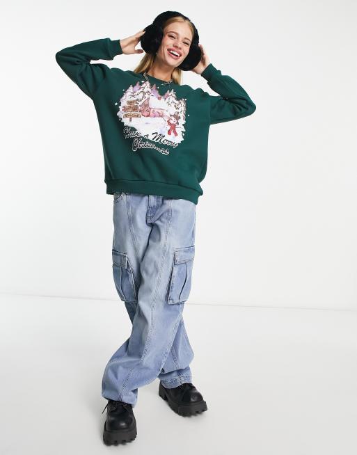 ASOS DESIGN - Kerstmis - Oversized sweatshirt-trui met retro schilderachtige print in bosgroen, 4 van 4