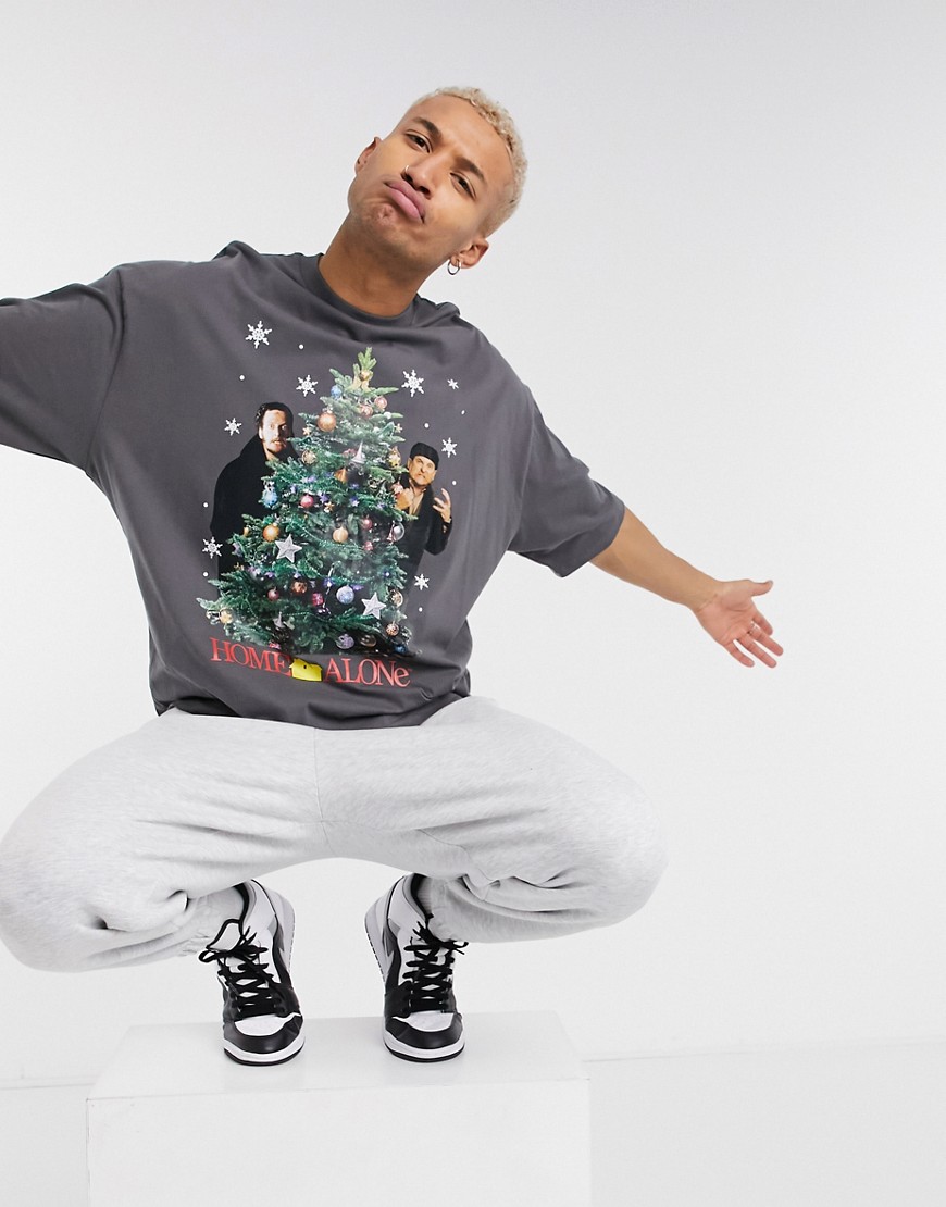 ASOS DESIGN - Kerstmis - Oversized T-shirt met Home Alone-print op de voorkant in donkergrijs