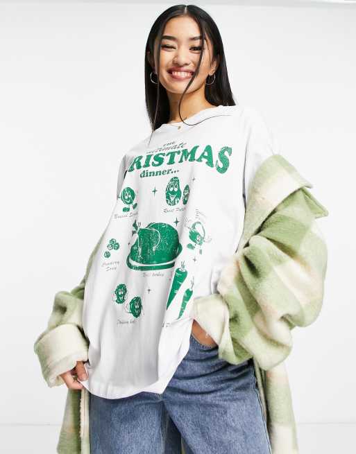 ASOS DESIGN - Kerstmis - Oversized T-shirt met print van ultiem kerstdiner in wit 