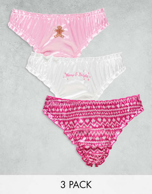 ASOS DESIGN - Kerstmis - Set van 3 aangerimpelde satijnen strings met borduursels in roze