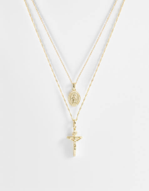 ASOS DESIGN - Ketting met dubbele hangers van kruisje en St Chris-munt in goud - view 1
