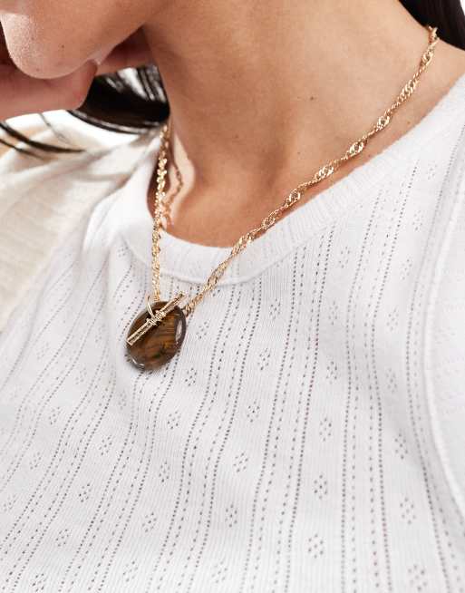 ASOS DESIGN - Ketting met hangertje in tijgeroog-stijl en T-staafje in goudkleur