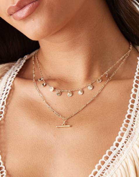 ASOS DESIGN - Ketting met meerdere lagen, muntjes en T-staaf in goudkleur - view 1