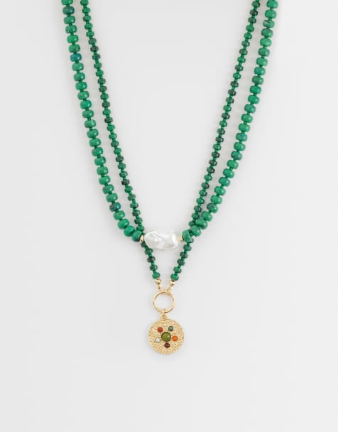ASOS DESIGN - Ketting met meerdere rijen en imitatie-malachiet steentjes in groen - view 1