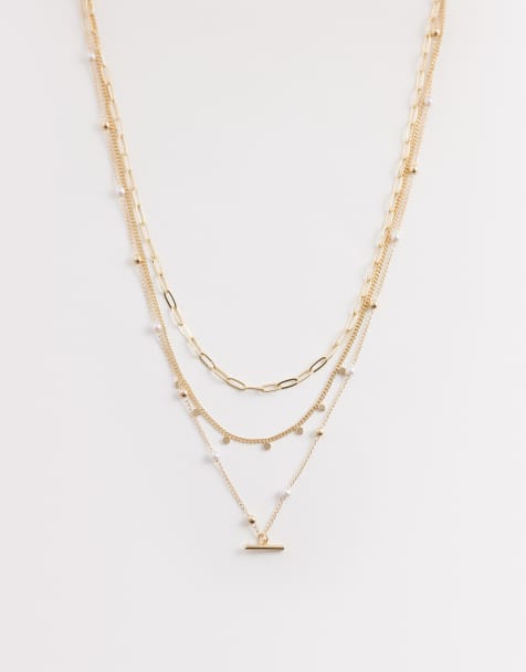 ASOS DESIGN - Ketting met meerdere rijen, imitatieparels en T-bar in goudkleur - view 1