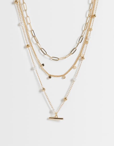ASOS DESIGN ketting met meerdere rijen, imitatieparels en T-sluiting in goudkleur - GOLD - view 1