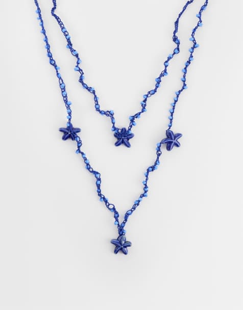 ASOS DESIGN ketting met meerdere rijen, turquoise koord en zeester - view 1