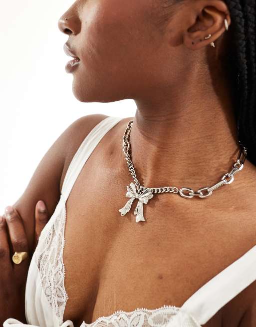 ASOS DESIGN - Ketting met mix van schakels en strikje in zilverkleur, 4 van 4