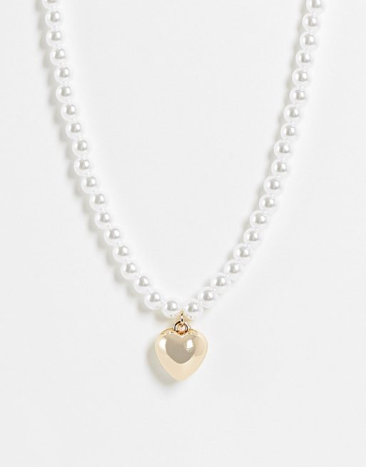 ASOS DESIGN - Ketting met parels en bol hartje in goudkleur
