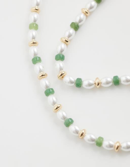 ASOS DESIGN - Ketting met parels en groene kralen in goud, 2 van 3