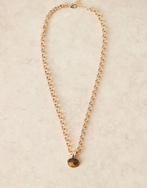 ASOS DESIGN - Ketting met tijgeroog hangertje van halfedelsteen in goudkleur, 2 van 3