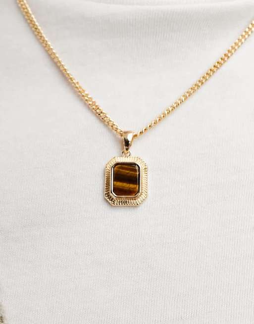 ASOS DESIGN - Ketting met vierkant halfedelstenen tijgeroog-hangertje in goudkleur