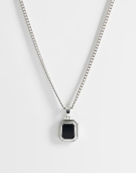ASOS DESIGN - Ketting met vierkant zwart stenen hangertje in zilverkleur - view 1
