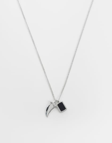ASOS DESIGN - Ketting met zwarte vierkante steen en haaientandhangertje in zilver - view 1