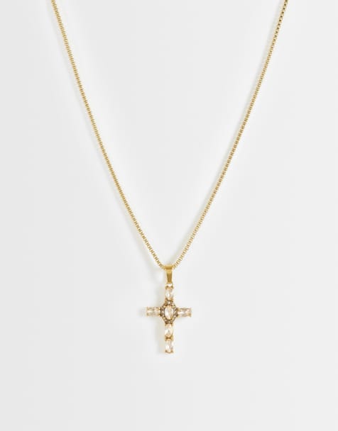 ASOS DESIGN - Ketting van waterbestendig roestvrij staal met kruishangertje met citrien kristallen in goud - view 1