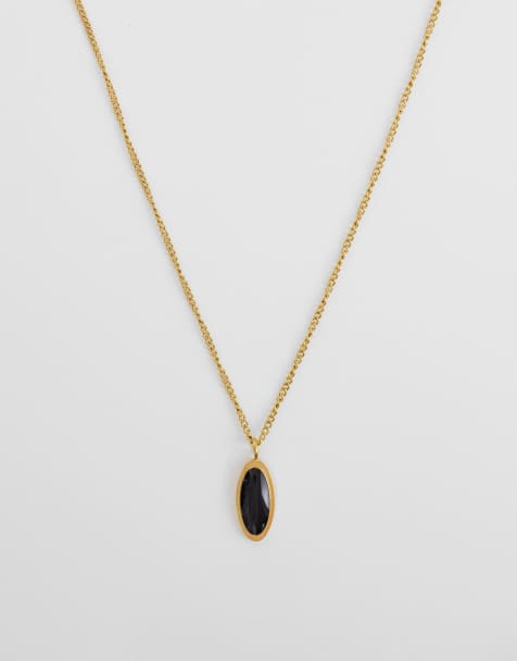 ASOS DESIGN - Ketting van waterbestendig roestvrij staal met ovale zwarte steenhanger in goud - view 1