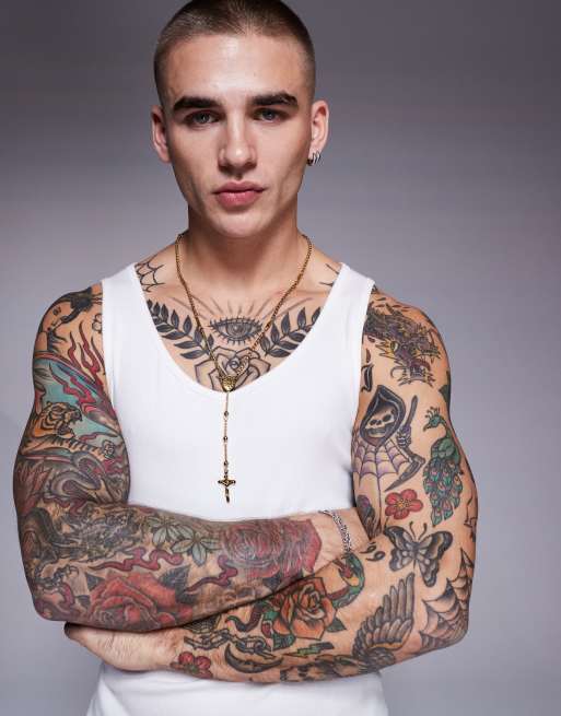ASOS DESIGN - Ketting van waterbestendig roestvrij staal met rozenkrans kralen in goudkleur