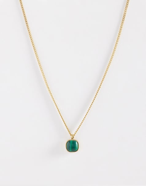 ASOS DESIGN - Ketting van waterbestendig roestvrij staal met vierkant imitatie-malachiethangertje in goud - view 1