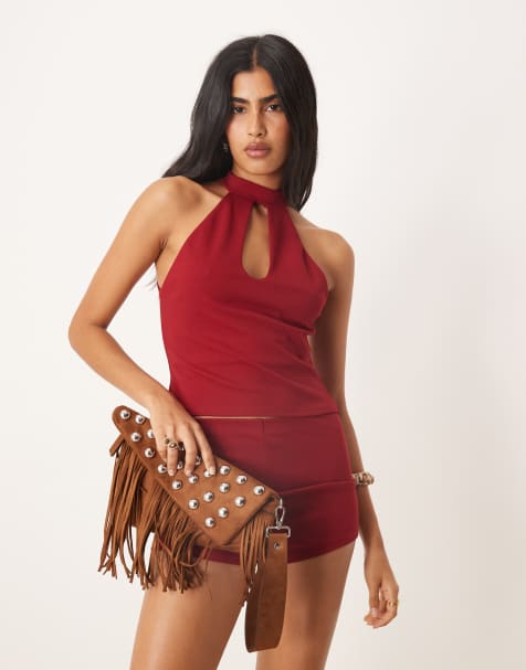ASOS DESIGN key hole halterneck top in burgundy (part of a set) - view 1