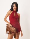 [ASOS DESIGN] ASOS DESIGN key hole halterneck top in burgundy (part of a set)-Red M Burgundy