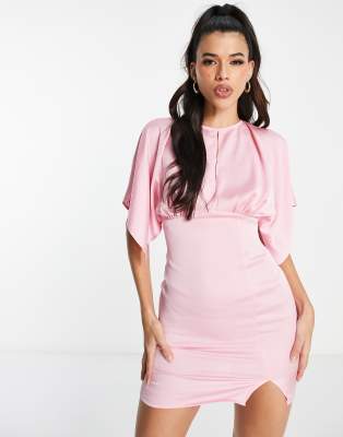 Asos Design Keyhole Bodice Satin Angel Sleeve Mini Dress In Light Pink