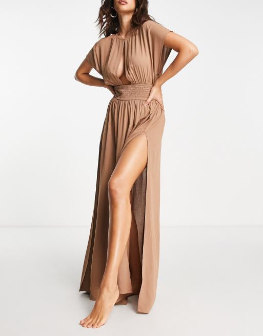 FhyzicsShops DESIGN keyhole crinkle maxi beach dress in mocha