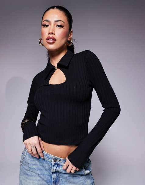 ASOS DESIGN keyhole detail collared long sleeve top in black - view 1