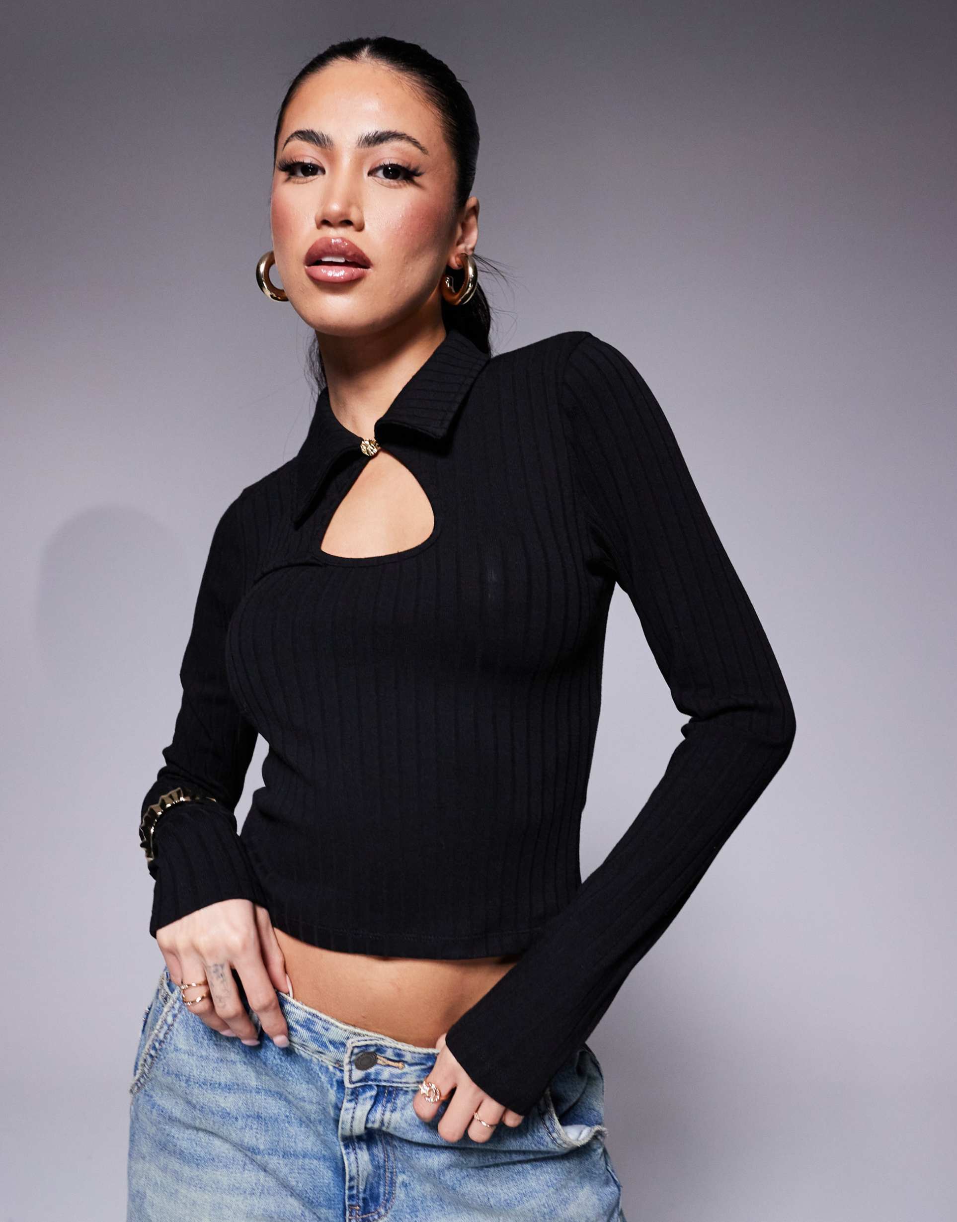 asos design keyhole detail collared long sleeve top in black