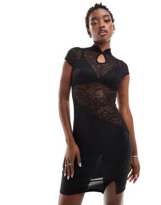 formal short black lace dress Black Lace Short Prom Dress, Hight Low Evening Dress US 14 / Black