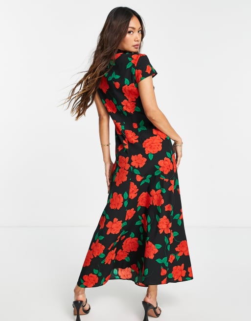 ASOS DESIGN keyhole front midi tea dress in rose floral print