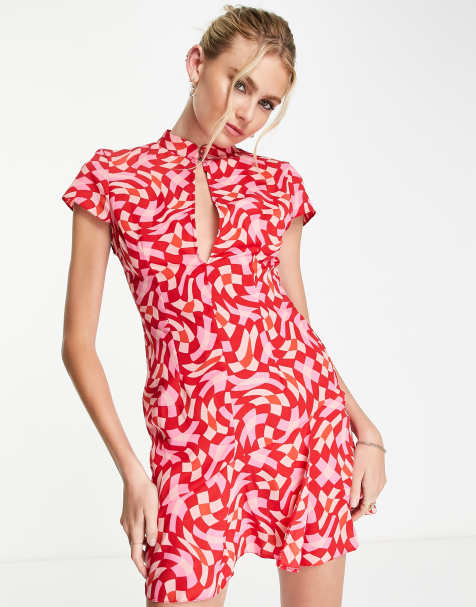 ASOS DESIGN keyhole front mini tea dress in pink and red geo print - view 1
