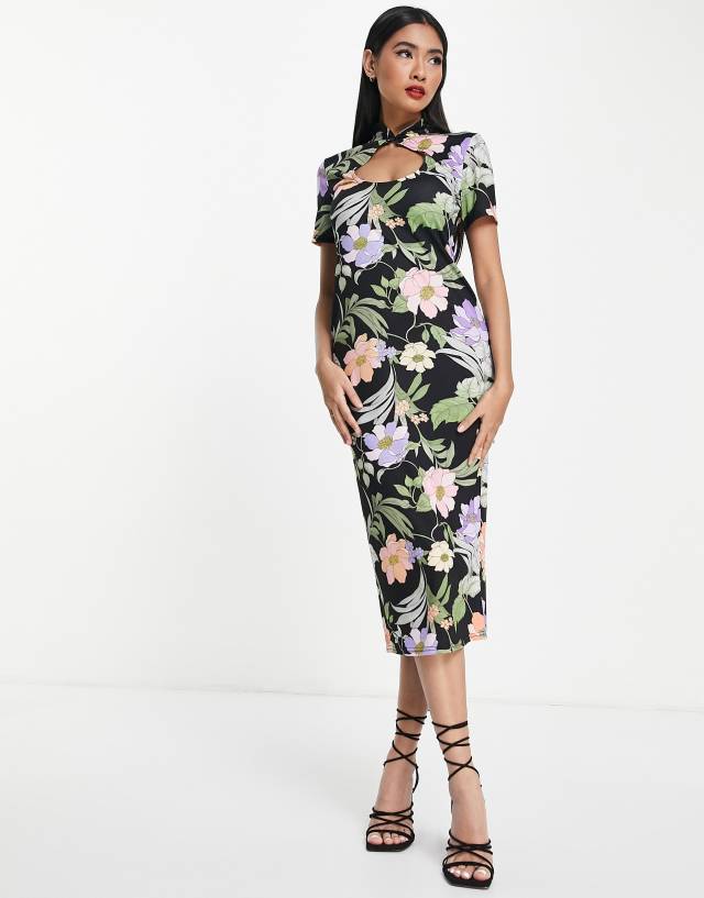 ASOS DESIGN keyhole midi dress in sketchy floral print