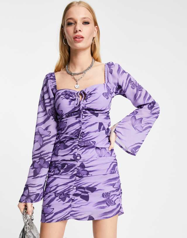 ASOS DESIGN keyhole mini dress with buttons in purple butterfly print