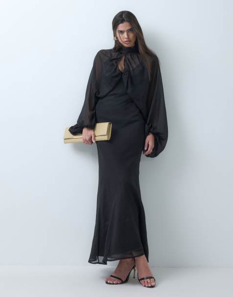 ASOS DESIGN keyhole overlay blouson sleeve with bias cami maxi dress underneath in black