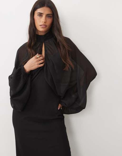 ASOS DESIGN keyhole overlay blouson sleeve with bias cami maxi dress underneath in black, 2 of 4