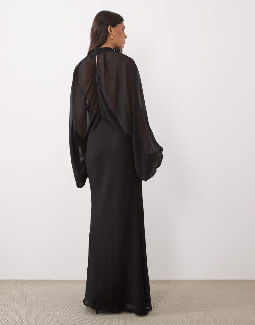 ASOS DESIGN keyhole overlay blouson sleeve with bias cami maxi dress underneath in black, 3 of 4