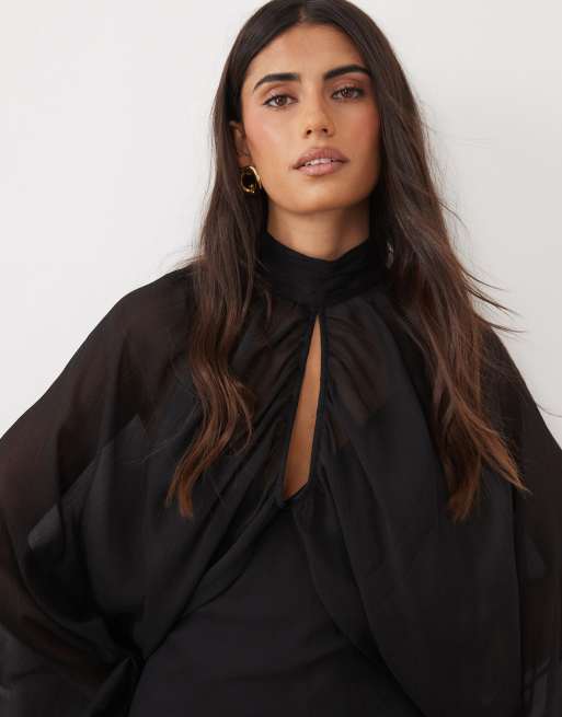 ASOS DESIGN keyhole overlay blouson sleeve with bias cami maxi dress underneath in black, 4 of 4