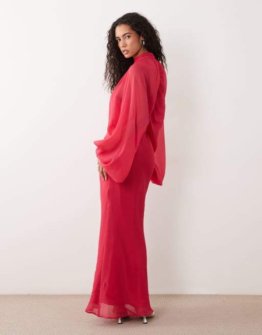 ASOS DESIGN keyhole overlay blouson sleeve with bias cami maxi dress underneath in pink, 2 of 4