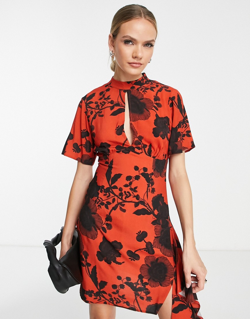 ASOS DESIGN keyhole short sleeve mini dress in red floral-Multi