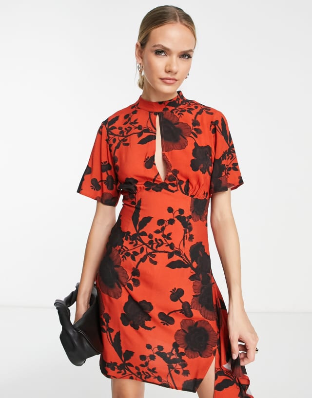 ASOS DESIGN keyhole short sleeve mini dress in red floral