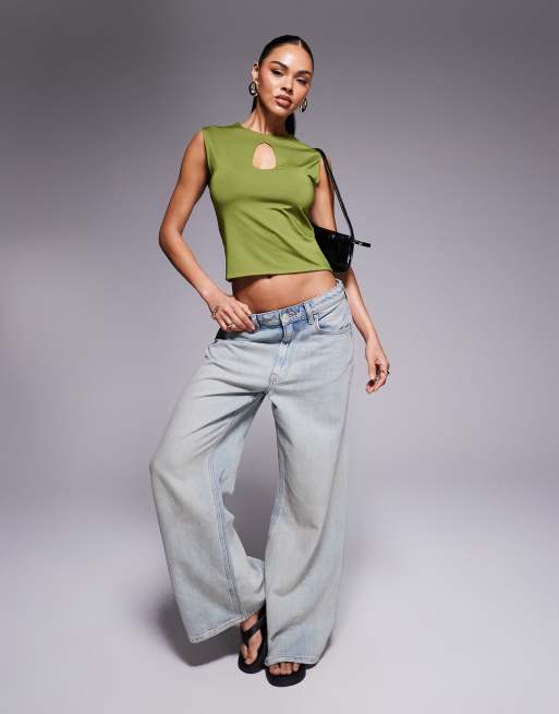 ASOS DESIGN keyhole tank top in slinky in khaki